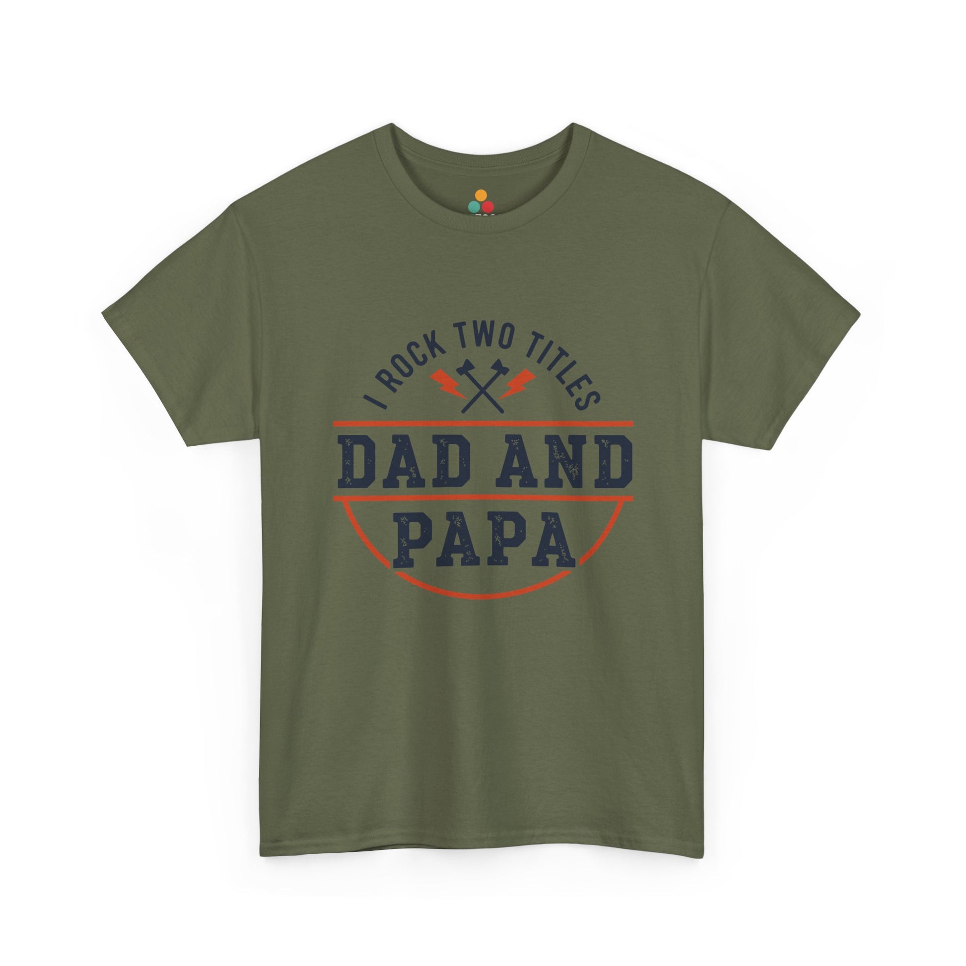 TEEZOCA army green “Dad and Papa” bold text tee shown flat.