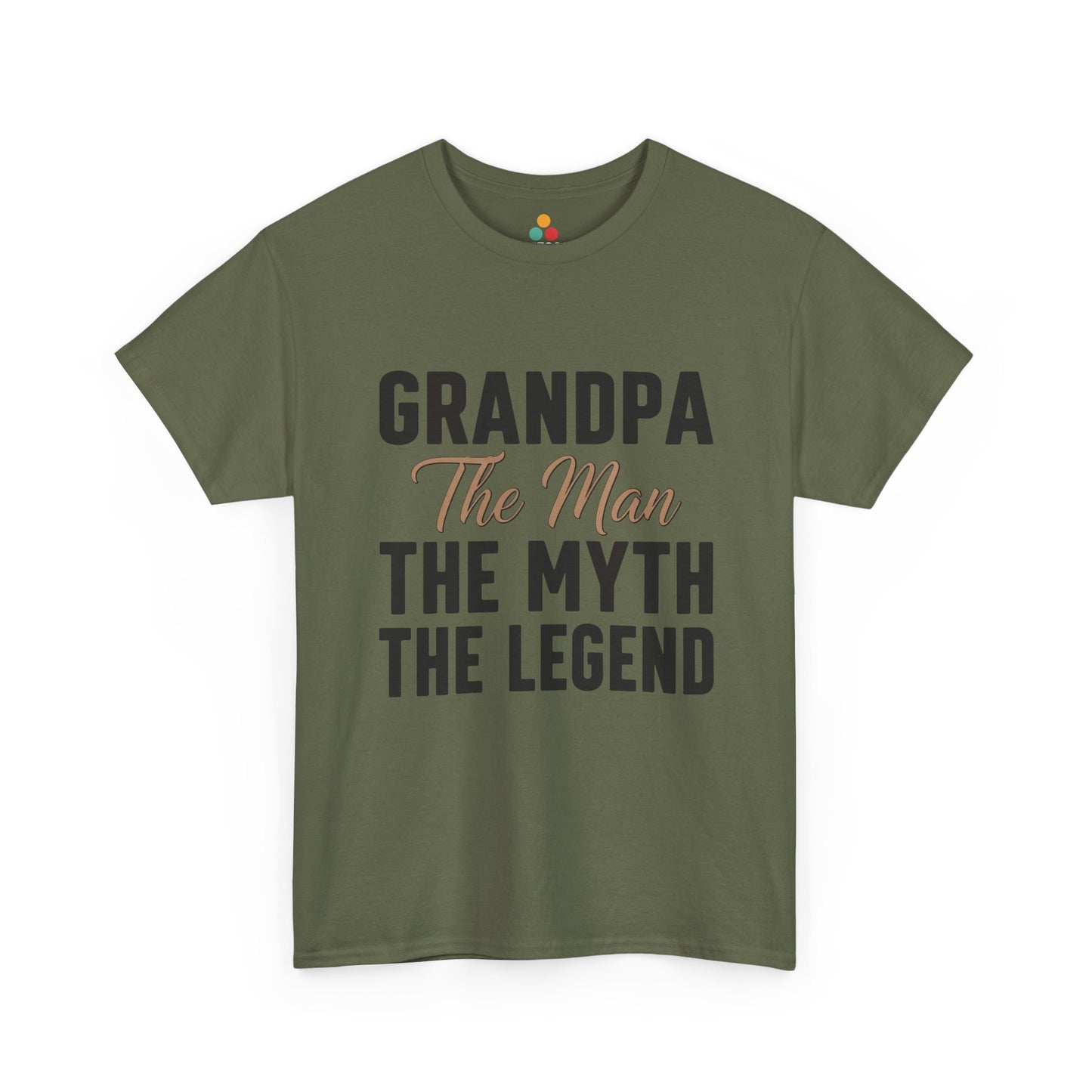 TEEZOCA army green “Grandpa The Man The Myth The Legend” grandpa gift t-shirt shown flat.
