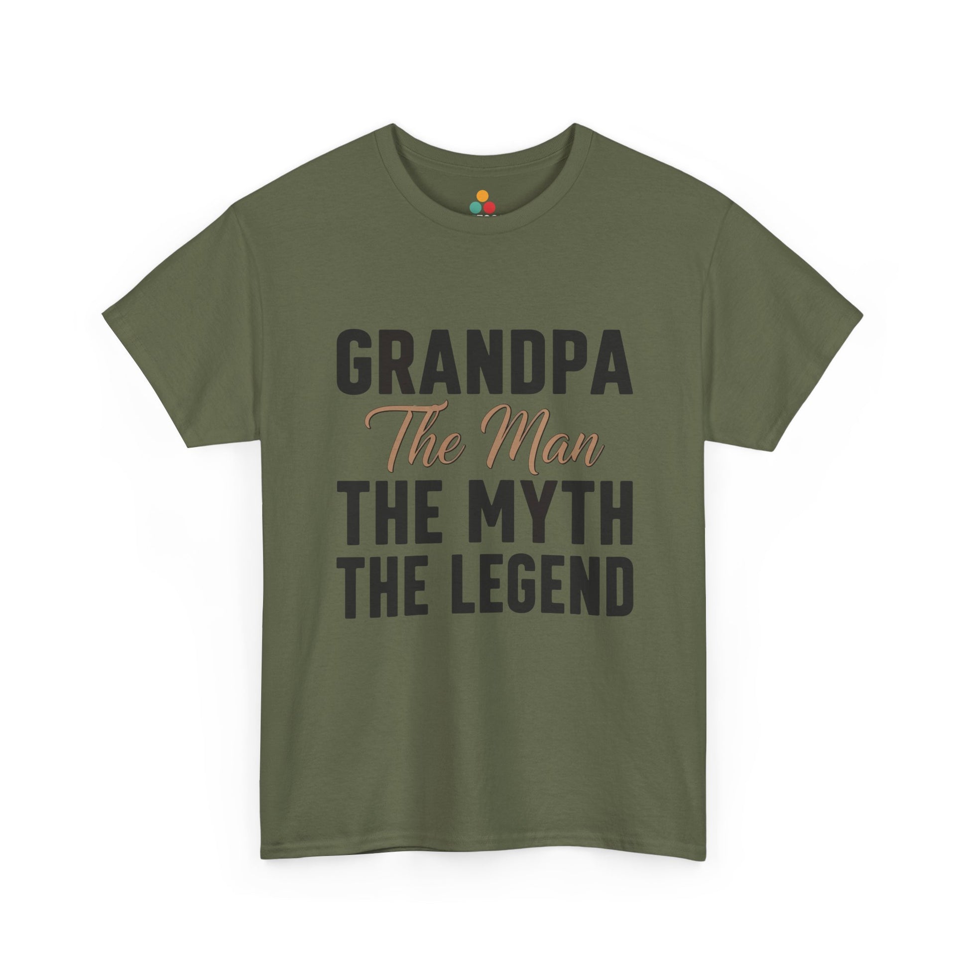 TEEZOCA army green “Grandpa The Man The Myth The Legend” grandpa gift t-shirt shown flat.