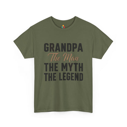 TEEZOCA army green “Grandpa The Man The Myth The Legend” grandpa gift t-shirt shown flat.