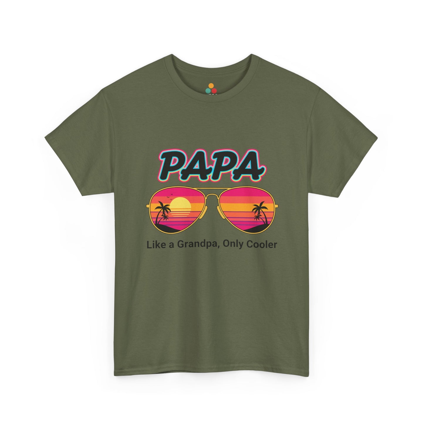 TEEZOCA army green “Papa Like a Grandpa Only Cooler” beach vibe t-shirt shown flat.