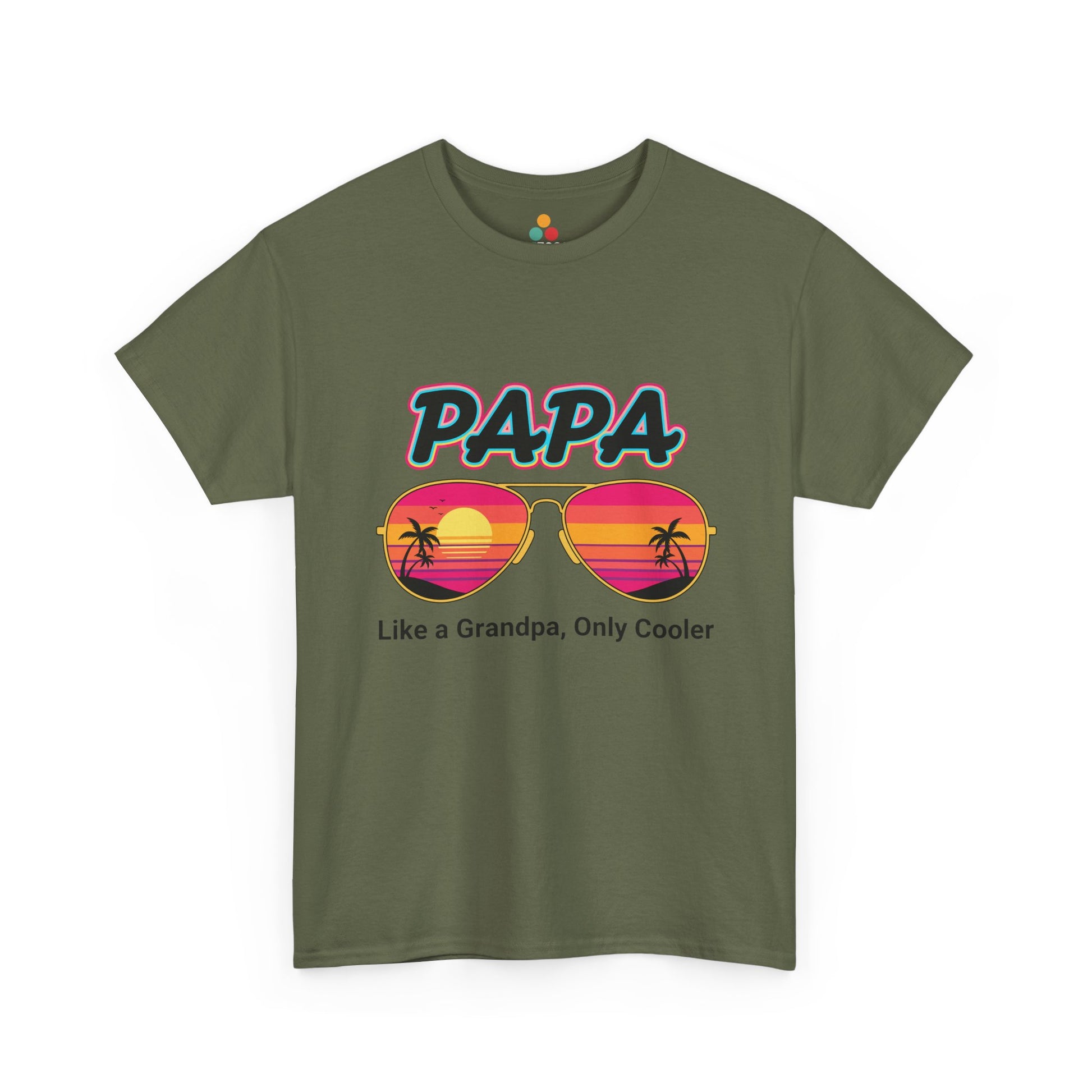 TEEZOCA army green “Papa Like a Grandpa Only Cooler” beach vibe t-shirt shown flat.