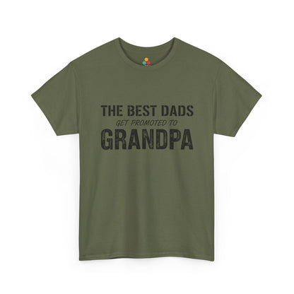 TEEZOCA army green “The Best Dads Get Promoted to Grandpa” new grandpa shirt shown flat.