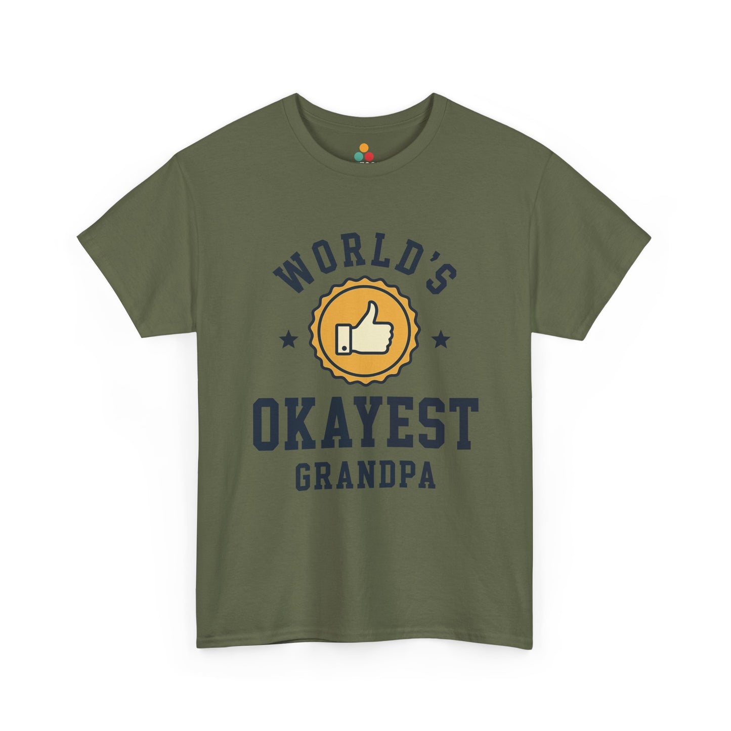 TEEZOCA army green “World’s Okayest Grandpa” humorous grandpa gift tee shown flat.