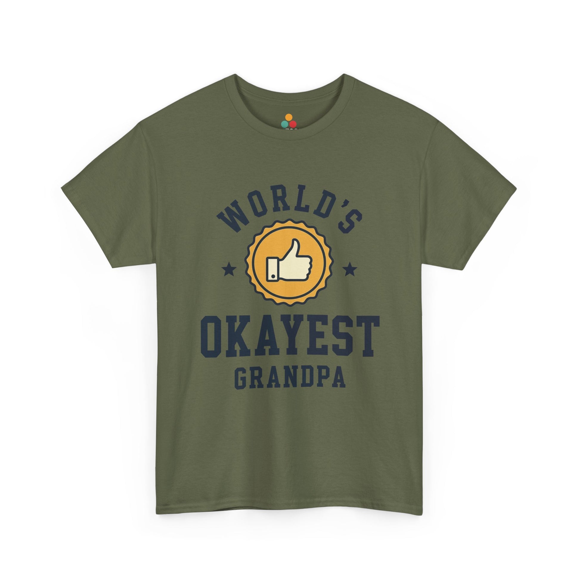TEEZOCA army green “World’s Okayest Grandpa” humorous grandpa gift tee shown flat.