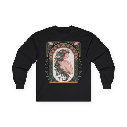 TEEZOCA art nouveau floral portrait on unisex long-sleeve t-shirt Black long-sleeve shirt with a decorative design of a woman with flowers on a white background