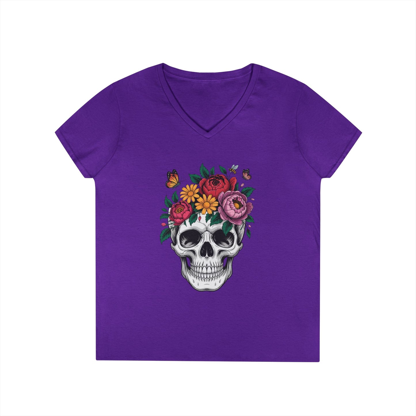 Floral Skull Botanical Art V-Neck T-Shirt for Women | TEEZOCA 