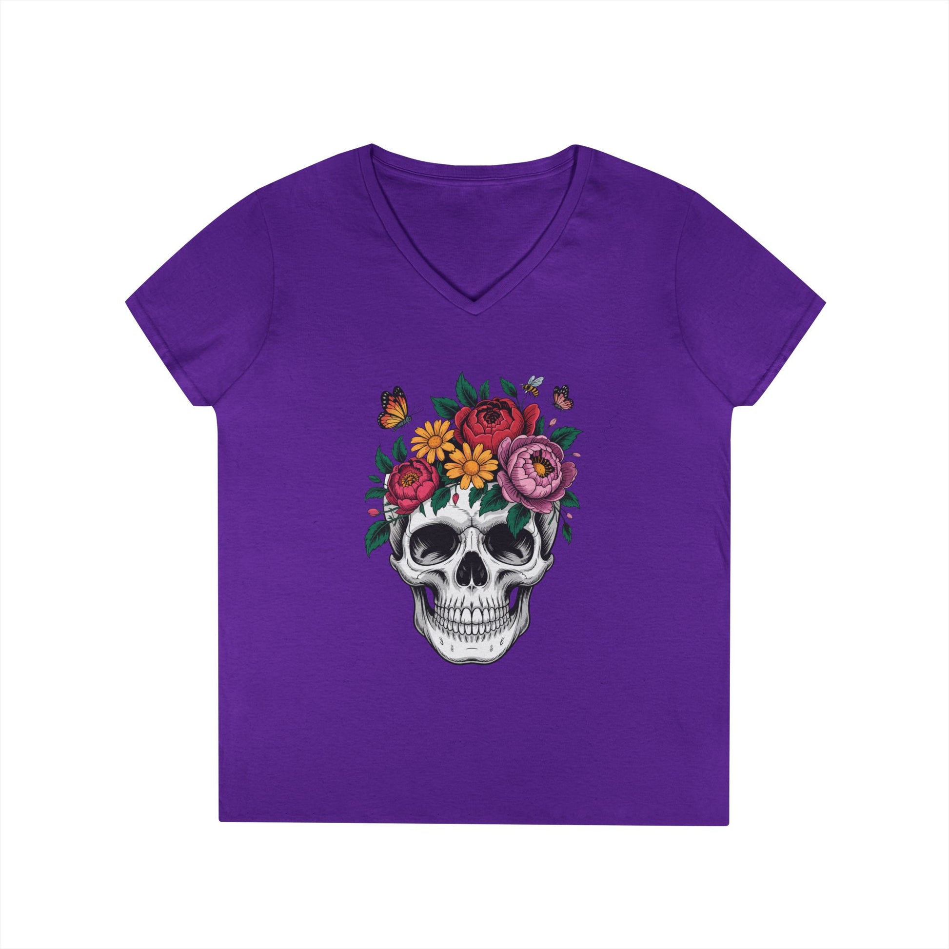 Floral Skull Botanical Art V-Neck T-Shirt for Women | TEEZOCA 