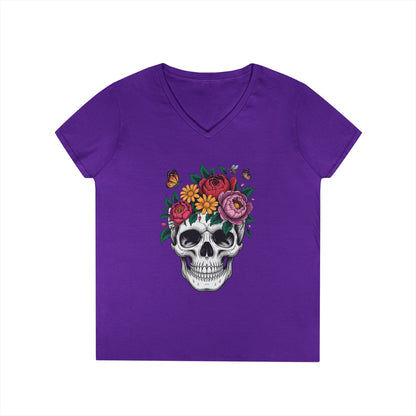 Floral Skull Botanical Art V-Neck T-Shirt for Women | TEEZOCA 
