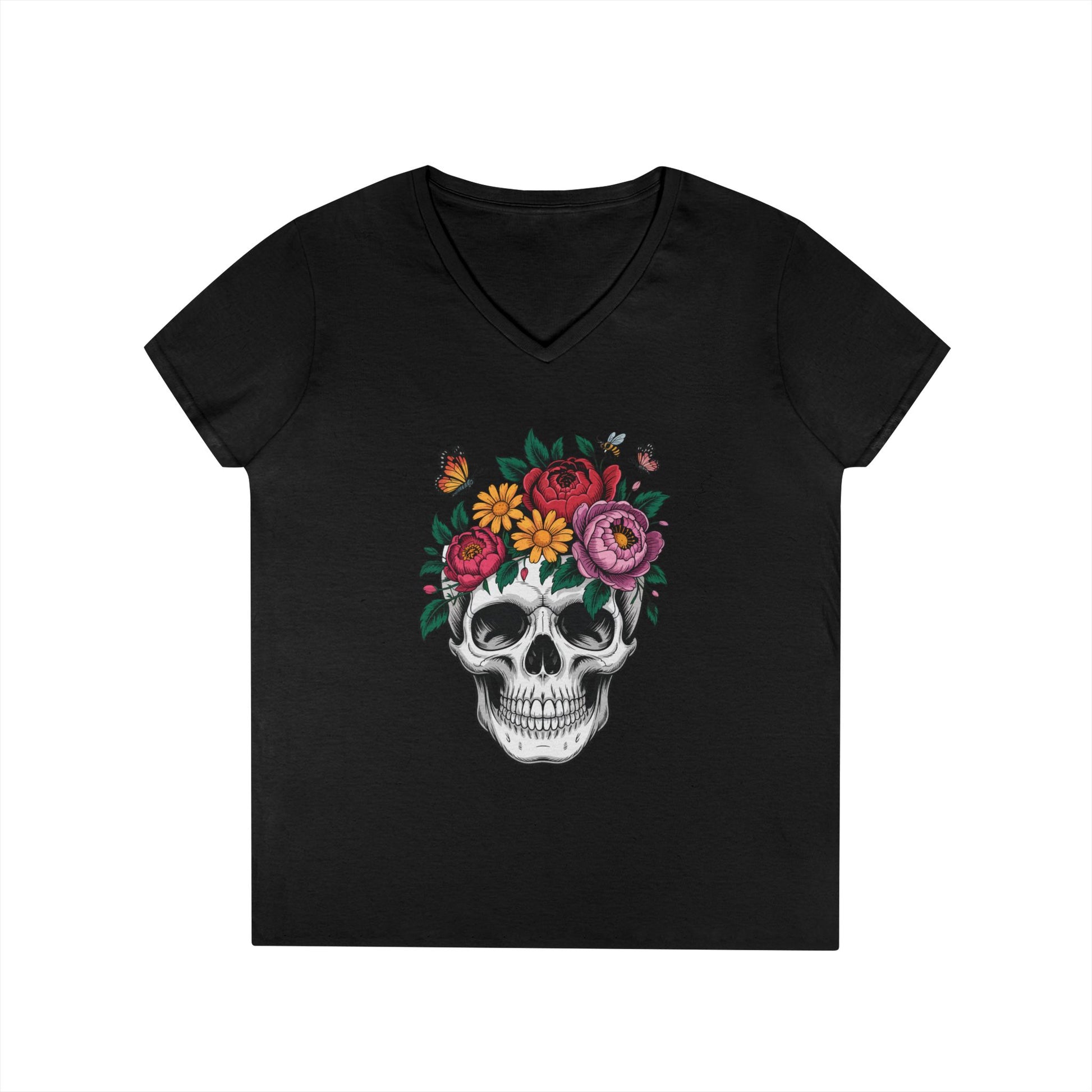 Floral Skull Botanical Art V-Neck T-Shirt for Women | TEEZOCA 