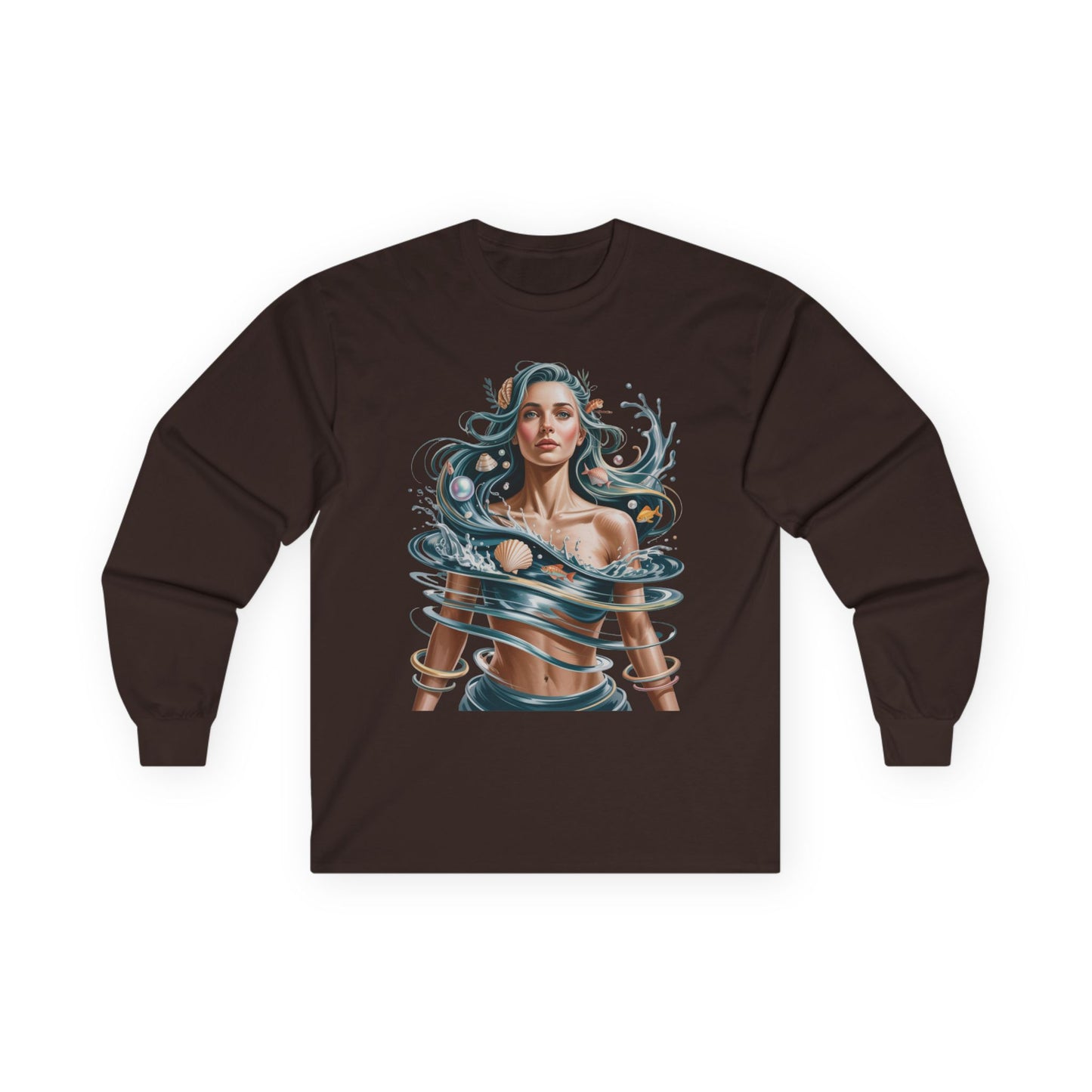 TEEZOCA artistic water flow portrait design unisex long-sleeve shirt Brown long-sleeve shirt with a graphic design of a woman with blue hair and waves on a white background