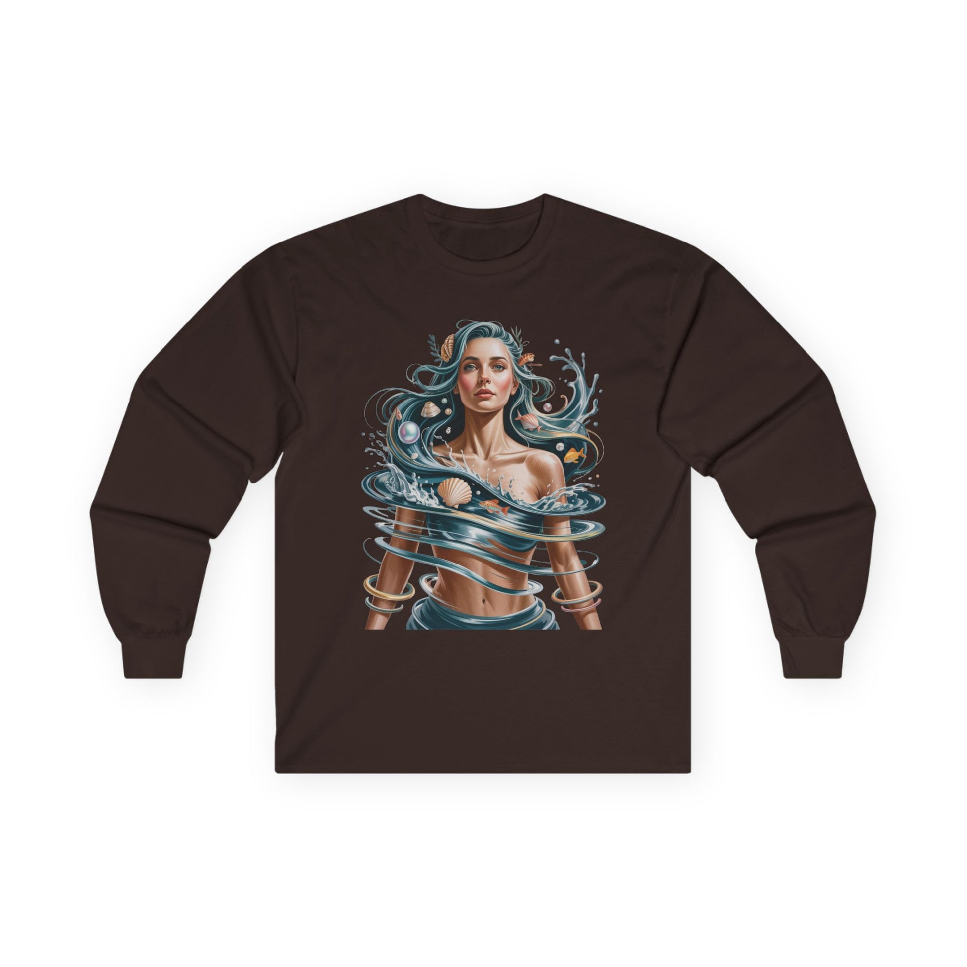 TEEZOCA artistic water flow portrait design unisex long-sleeve shirt Brown long-sleeve shirt with a graphic design of a woman with blue hair and waves on a white background