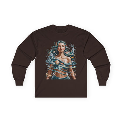 TEEZOCA artistic water flow portrait design unisex long-sleeve shirt Brown long-sleeve shirt with a graphic design of a woman with blue hair and waves on a white background