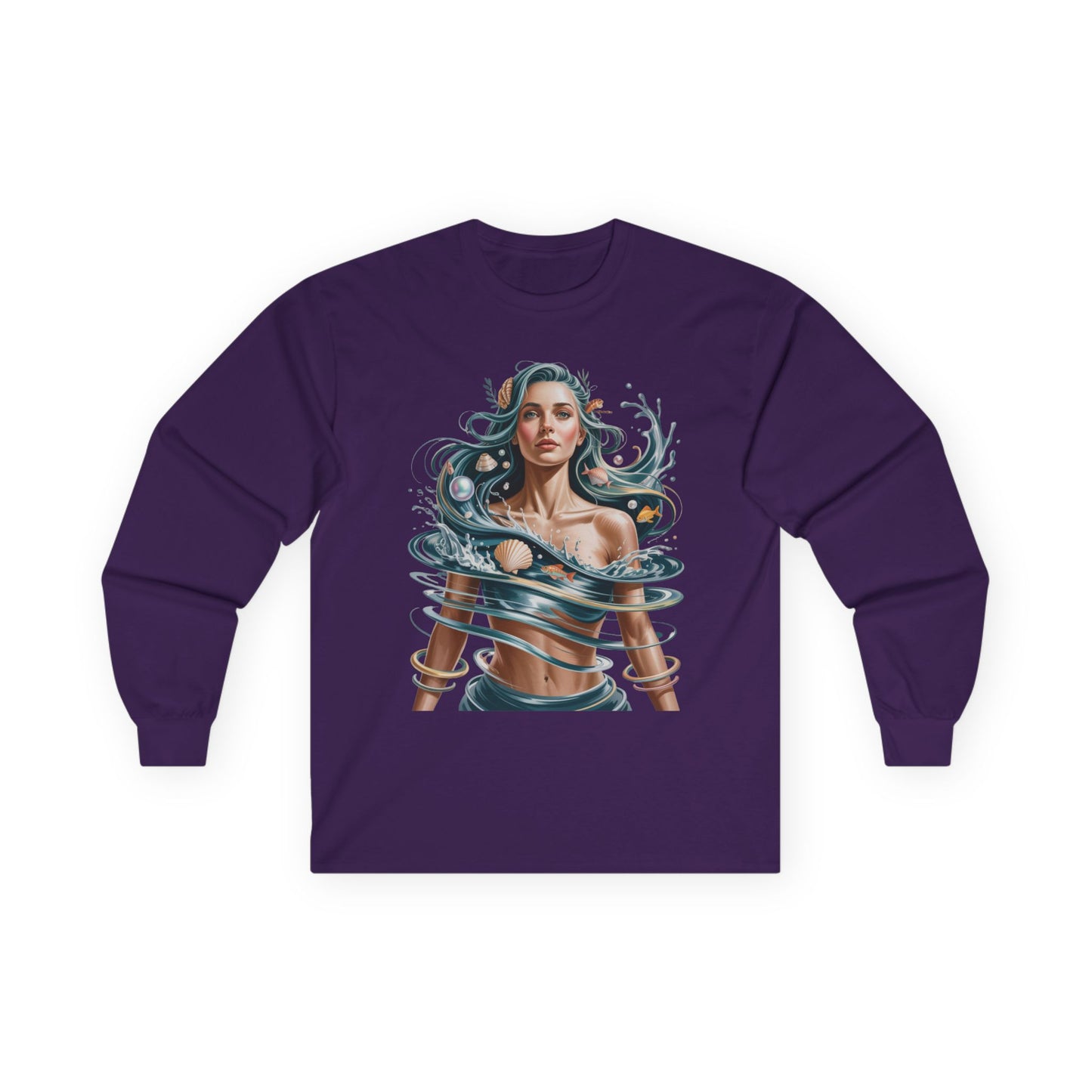TEEZOCA artistic water flow portrait design unisex long-sleeve shirt Purple long-sleeve shirt with a mermaid design on a white background