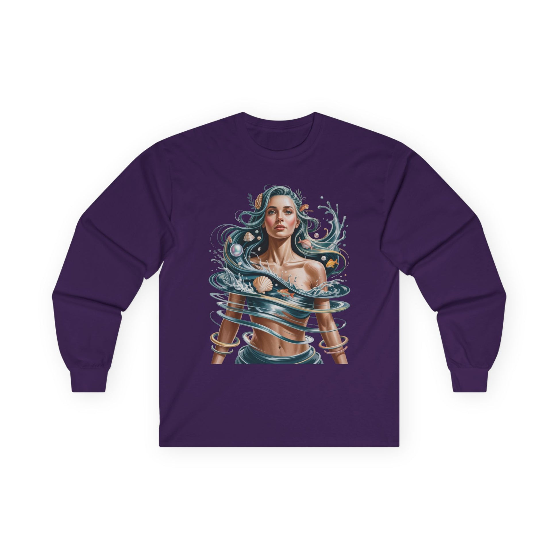 TEEZOCA artistic water flow portrait design unisex long-sleeve shirt Purple long-sleeve shirt with a mermaid design on a white background