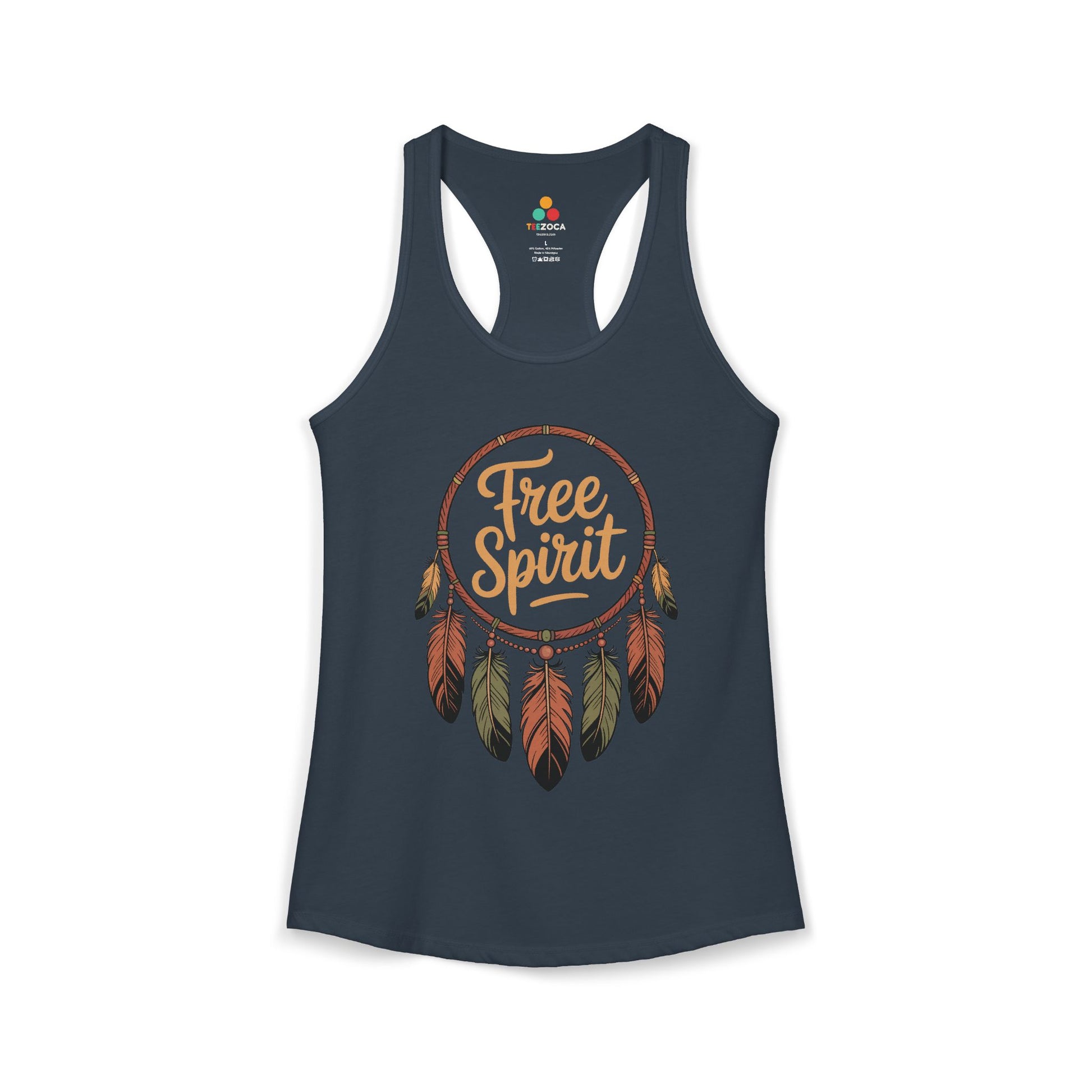 TEEZOCA artistic women’s tank top featuring Free Spirit dreamcatcher Navy tank top with 'Free Spirit' design on a white background