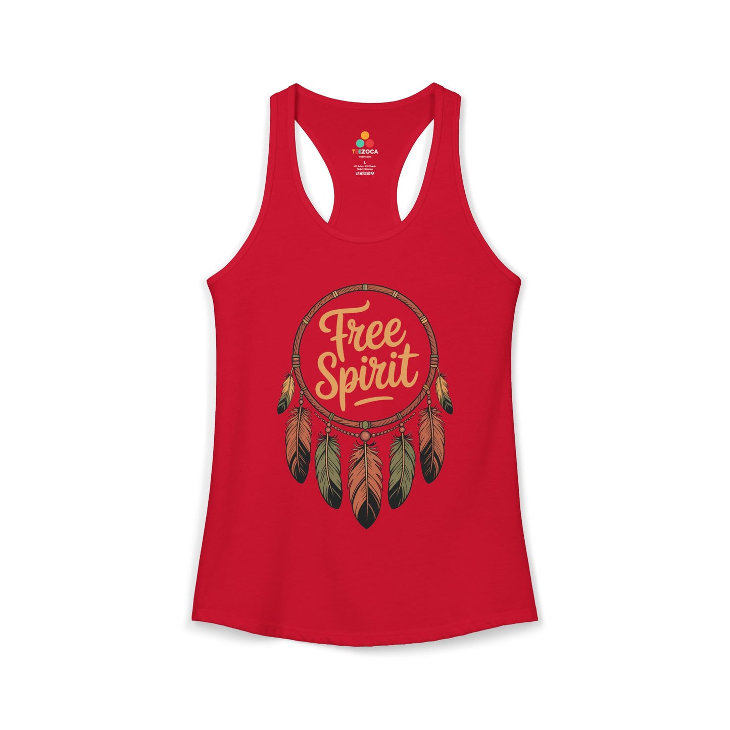 TEEZOCA artistic women’s tank top featuring Free Spirit dreamcatcher Red tank top with 'Free Spirit' design on a white background