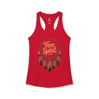TEEZOCA artistic women’s tank top featuring Free Spirit dreamcatcher Red tank top with 'Free Spirit' design on a white background