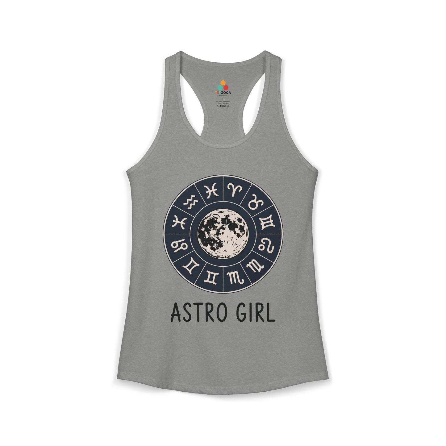 TEEZOCA astro girl women’s tank top with zodiac wheel and moon design Gray tank top with astrological design and 'ASTRO GIRL' text on a white background