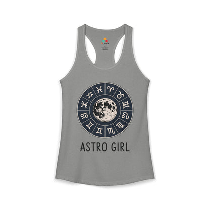 TEEZOCA astro girl women’s tank top with zodiac wheel and moon design Gray tank top with astrological design and 'ASTRO GIRL' text on a white background