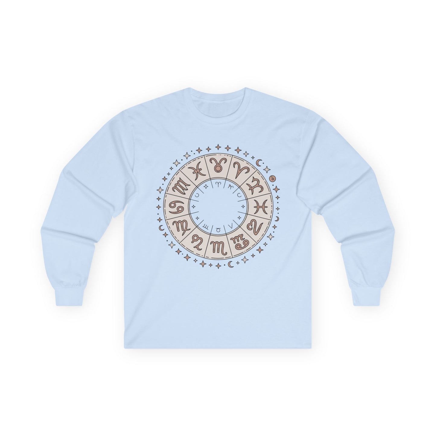 TEEZOCA astrology symbols zodiac circle on unisex long-sleeve t-shirt Light blue sweatshirt with a circular design featuring Roman numerals on a white background