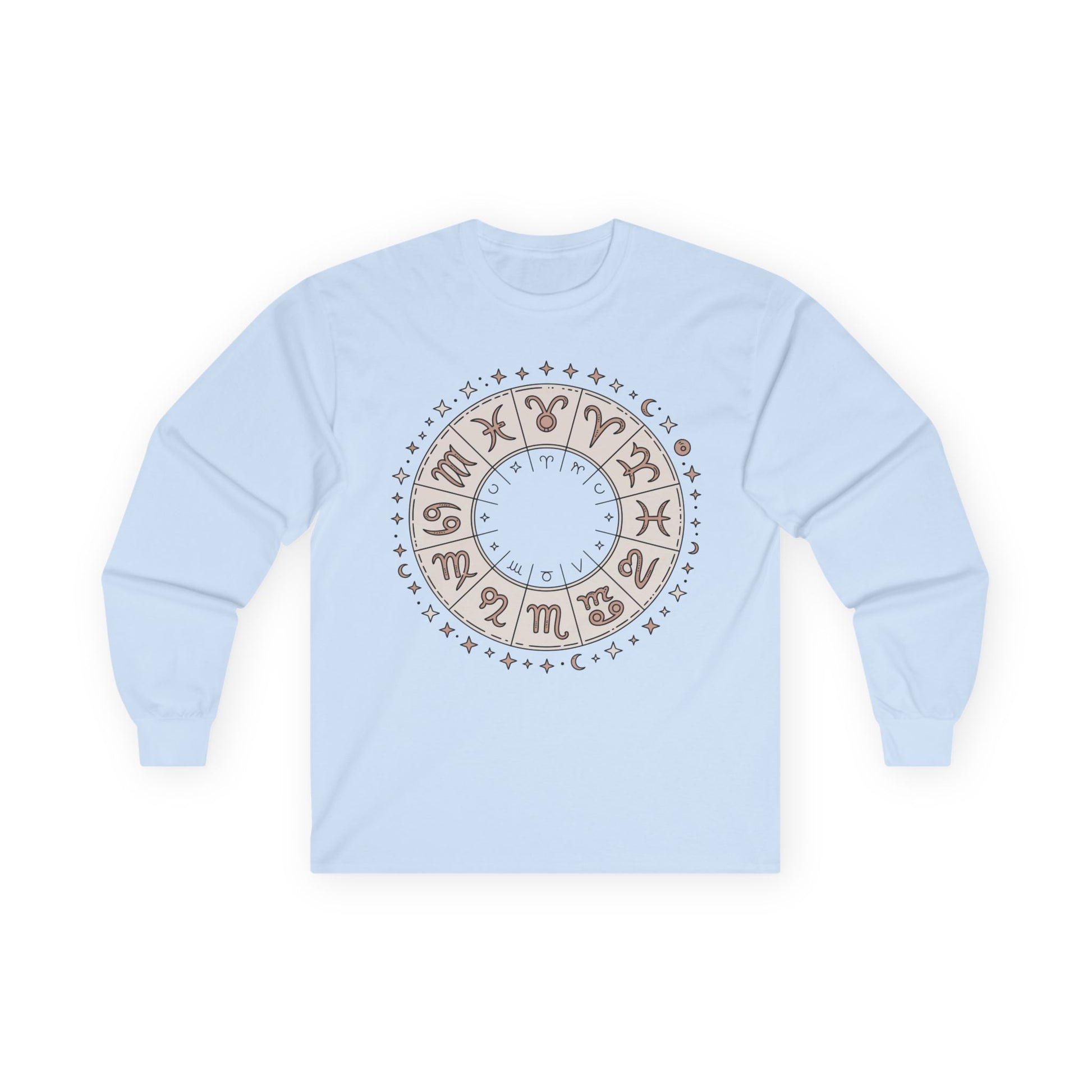 TEEZOCA astrology symbols zodiac circle on unisex long-sleeve t-shirt Light blue sweatshirt with a circular design featuring Roman numerals on a white background