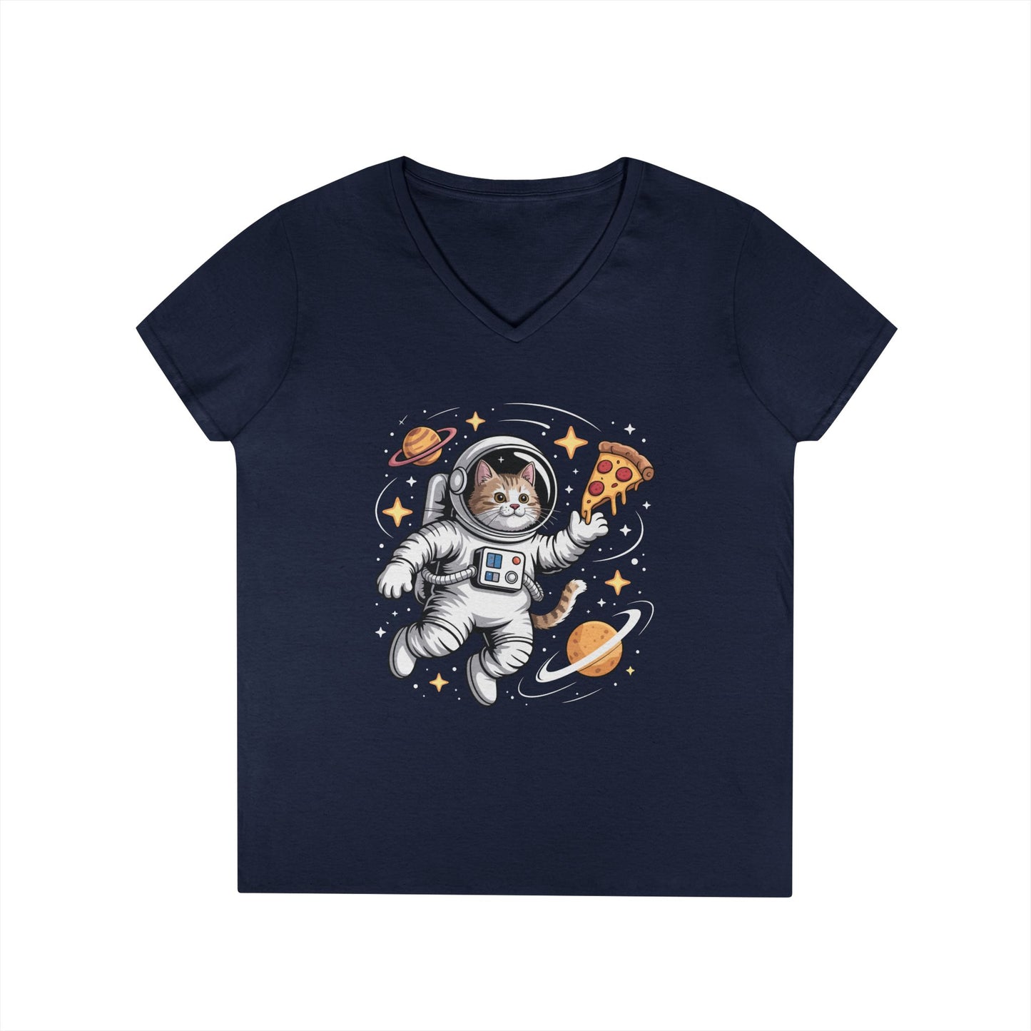 Astronaut Cat Pizza Space Vibes V-Neck T-Shirt for Women | TEEZOCA 