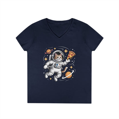Astronaut Cat Pizza Space Vibes V-Neck T-Shirt for Women | TEEZOCA 