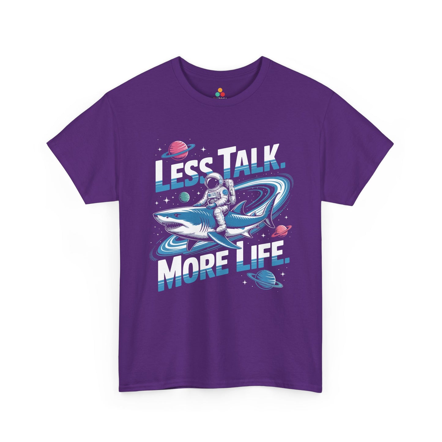 Less Talk More Life Astronaut Shark Unisex T-shirt – Bold Space Graphic Tee | TEEZOCA 