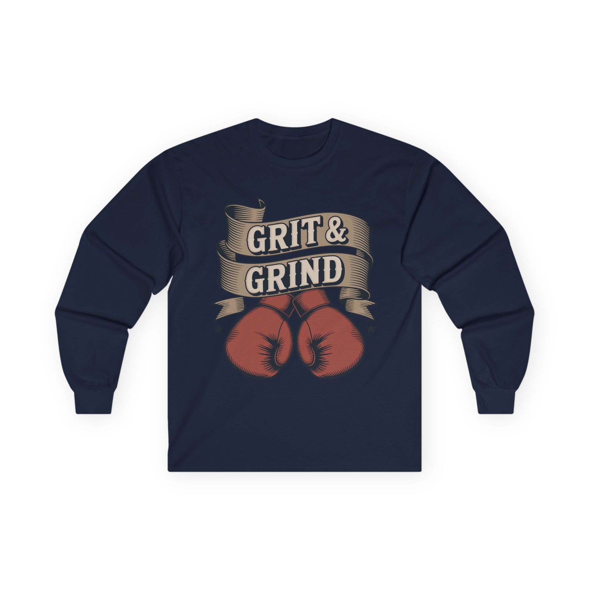 TEEZOCA athletic boxing slogan streetwear long-sleeve tee Navy blue long-sleeve shirt with 'Grit & Grind' graphic on a white background