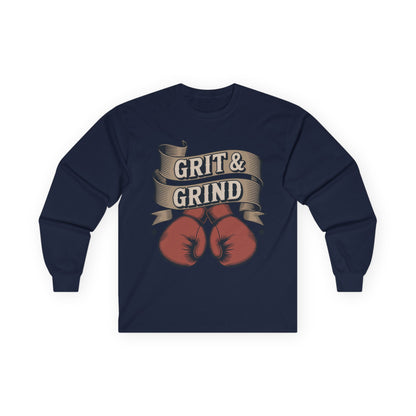 TEEZOCA athletic boxing slogan streetwear long-sleeve tee Navy blue long-sleeve shirt with 'Grit & Grind' graphic on a white background