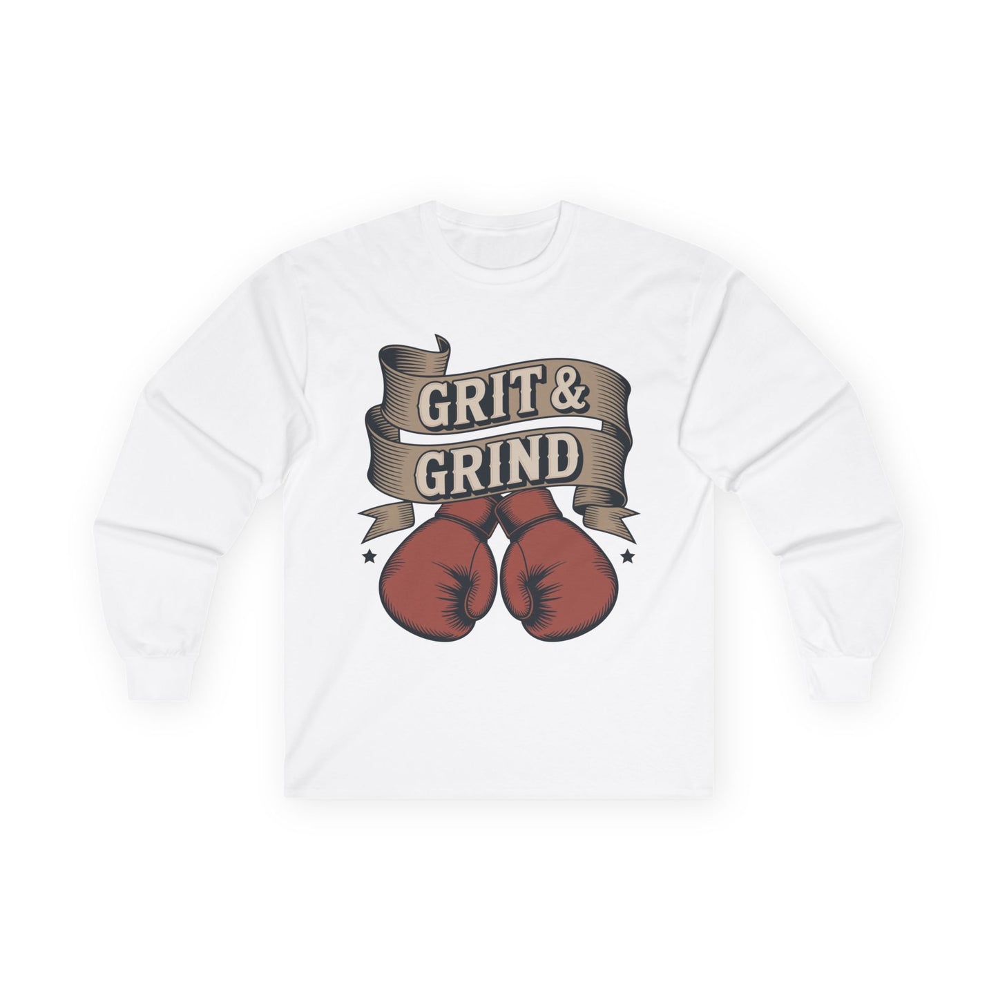 TEEZOCA athletic boxing slogan streetwear long-sleeve tee White sweatshirt with red boxing gloves and 'Grit & Grind' text on a white background