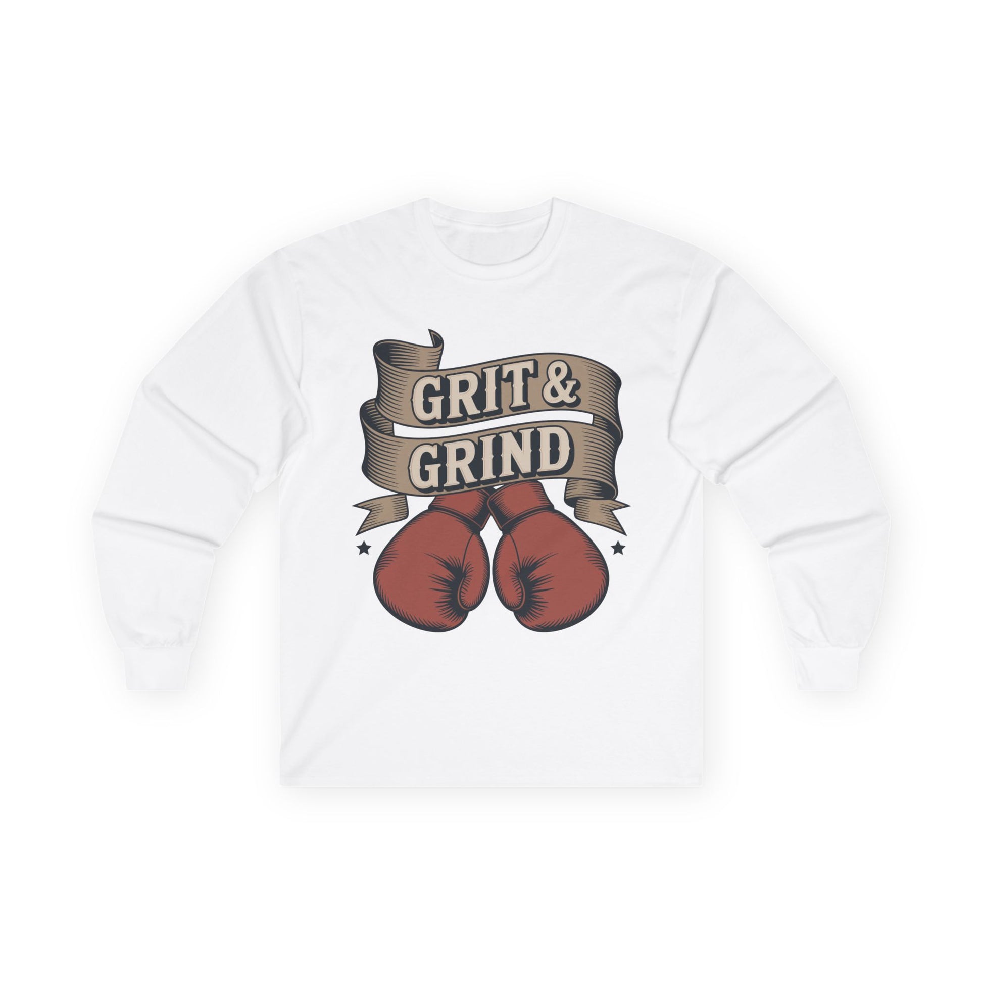 TEEZOCA athletic boxing slogan streetwear long-sleeve tee White sweatshirt with red boxing gloves and 'Grit & Grind' text on a white background