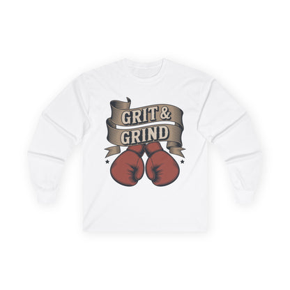TEEZOCA athletic boxing slogan streetwear long-sleeve tee White sweatshirt with red boxing gloves and 'Grit & Grind' text on a white background
