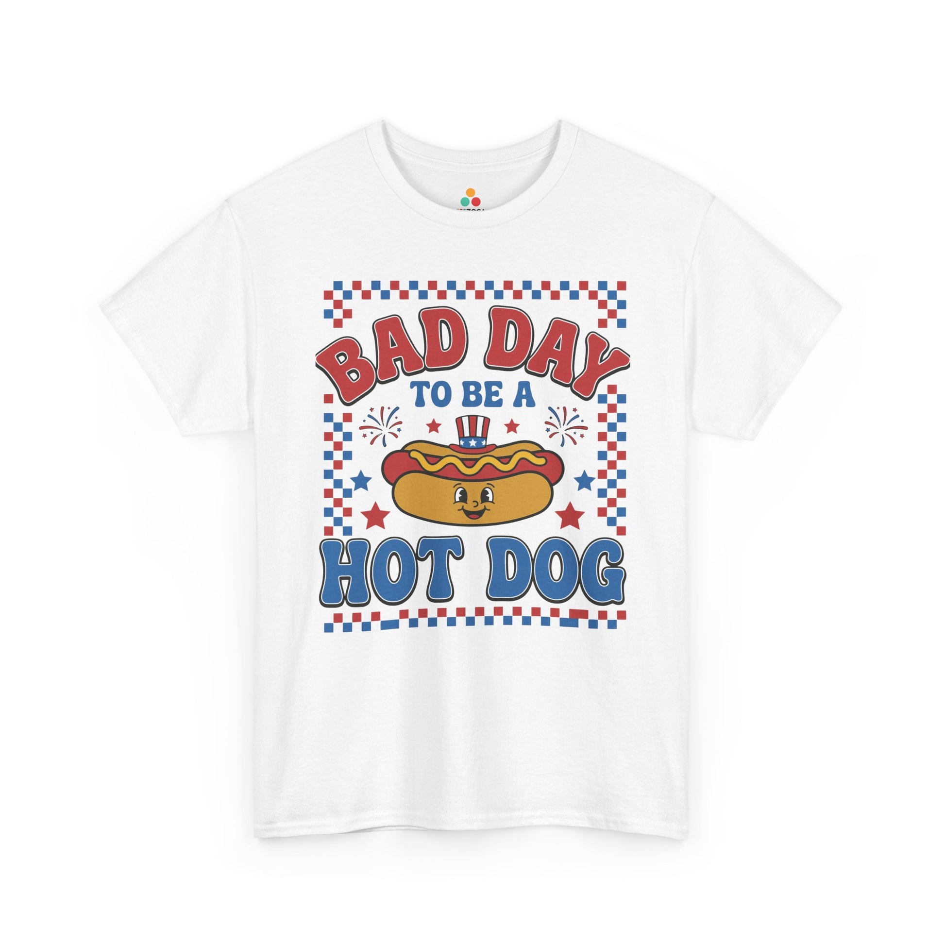 TEEZOCA bad day to be a hot dog shirt t-shirt featuring a cartoon hot dog mascot, patriotic stars, and red blue July 4 style.
