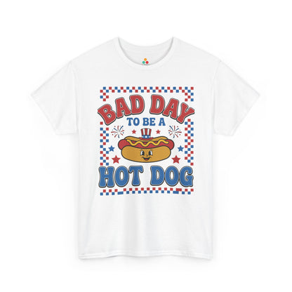 TEEZOCA bad day to be a hot dog shirt t-shirt featuring a cartoon hot dog mascot, patriotic stars, and red blue July 4 style.
