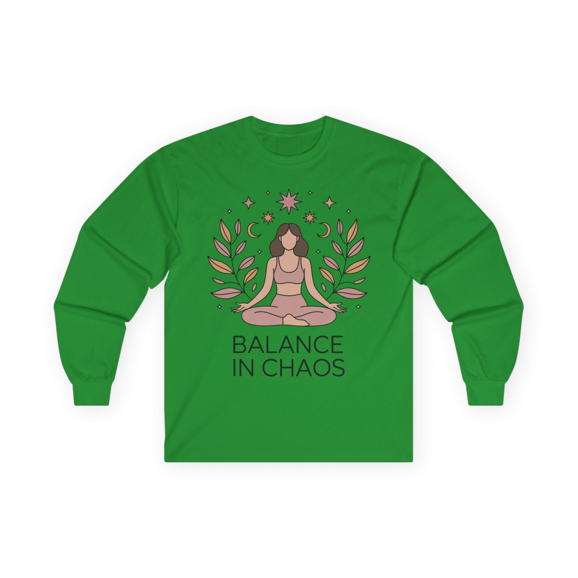 TEEZOCA balance in chaos artwork on unisex long-sleeve t-shirt with meditation theme Green long-sleeve shirt with a yoga-themed design and 'Balance in Chaos' text on a white background.