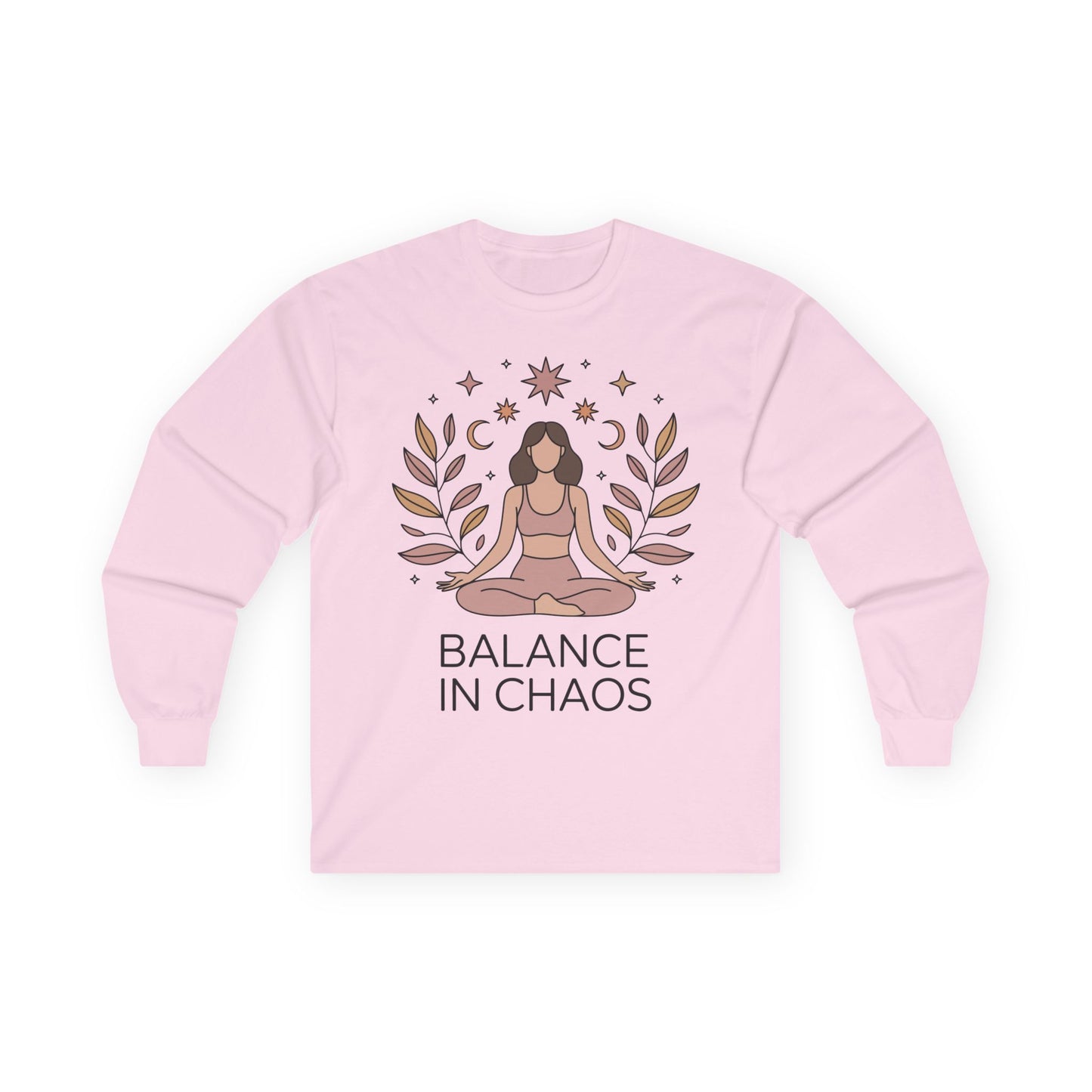 TEEZOCA balance in chaos artwork on unisex long-sleeve t-shirt with meditation theme Pink sweatshirt with a yoga-themed design and 'Balance in Chaos' text on a white background