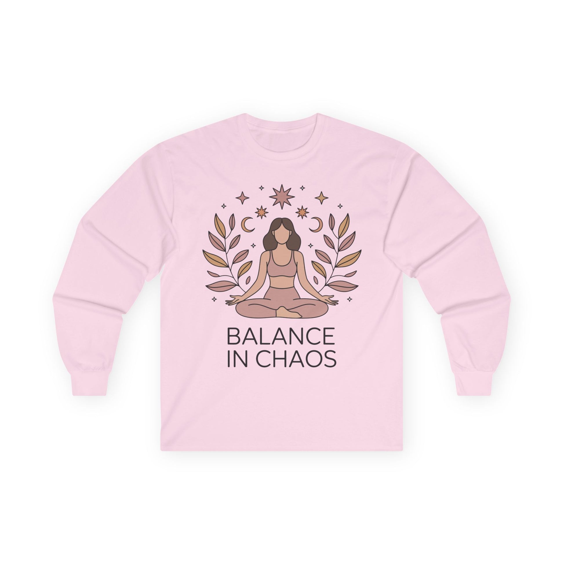 TEEZOCA balance in chaos artwork on unisex long-sleeve t-shirt with meditation theme Pink sweatshirt with a yoga-themed design and 'Balance in Chaos' text on a white background