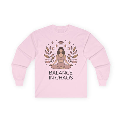 TEEZOCA balance in chaos artwork on unisex long-sleeve t-shirt with meditation theme Pink sweatshirt with a yoga-themed design and 'Balance in Chaos' text on a white background