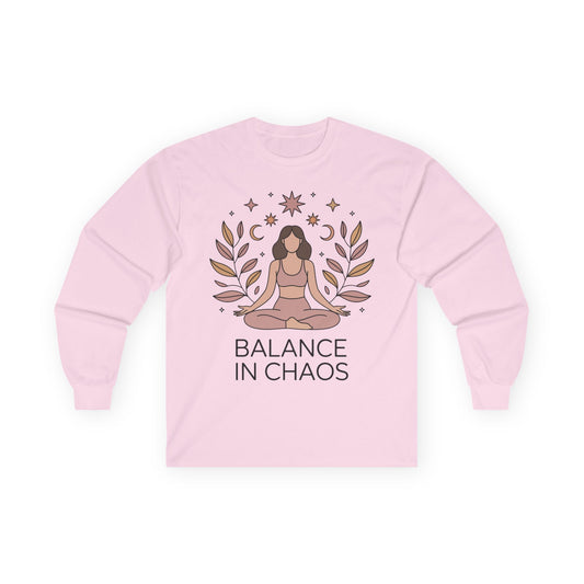 TEEZOCA balance in chaos artwork on unisex long-sleeve t-shirt with meditation theme Pink sweatshirt with a yoga-themed design and 'Balance in Chaos' text on a white background