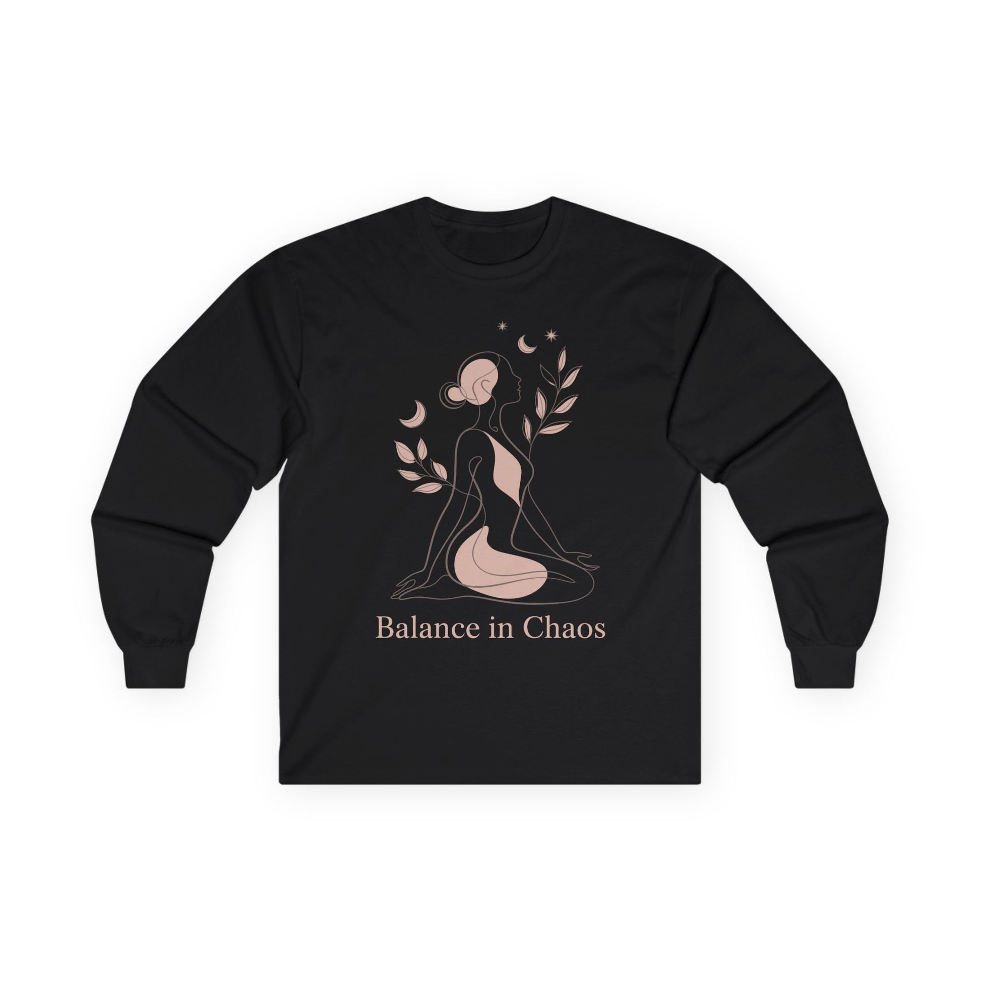 TEEZOCA balance in chaos feminine abstract artwork on unisex long-sleeve t-shirt Black long-sleeve shirt with a graphic design and text 'Balance in Chaos' on a white background