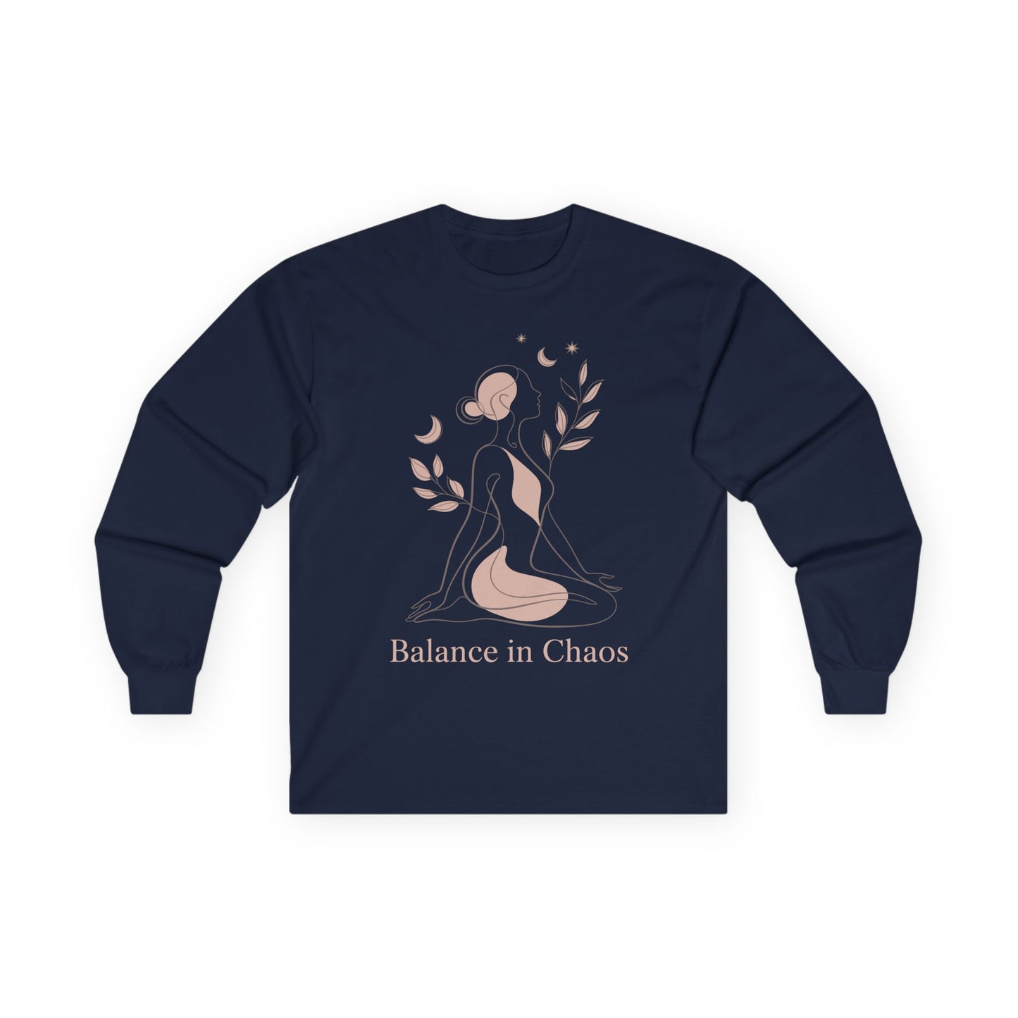 TEEZOCA balance in chaos feminine abstract artwork on unisex long-sleeve t-shirt Navy blue long-sleeve shirt with a graphic design and text 'Balance in Chaos' on a white background