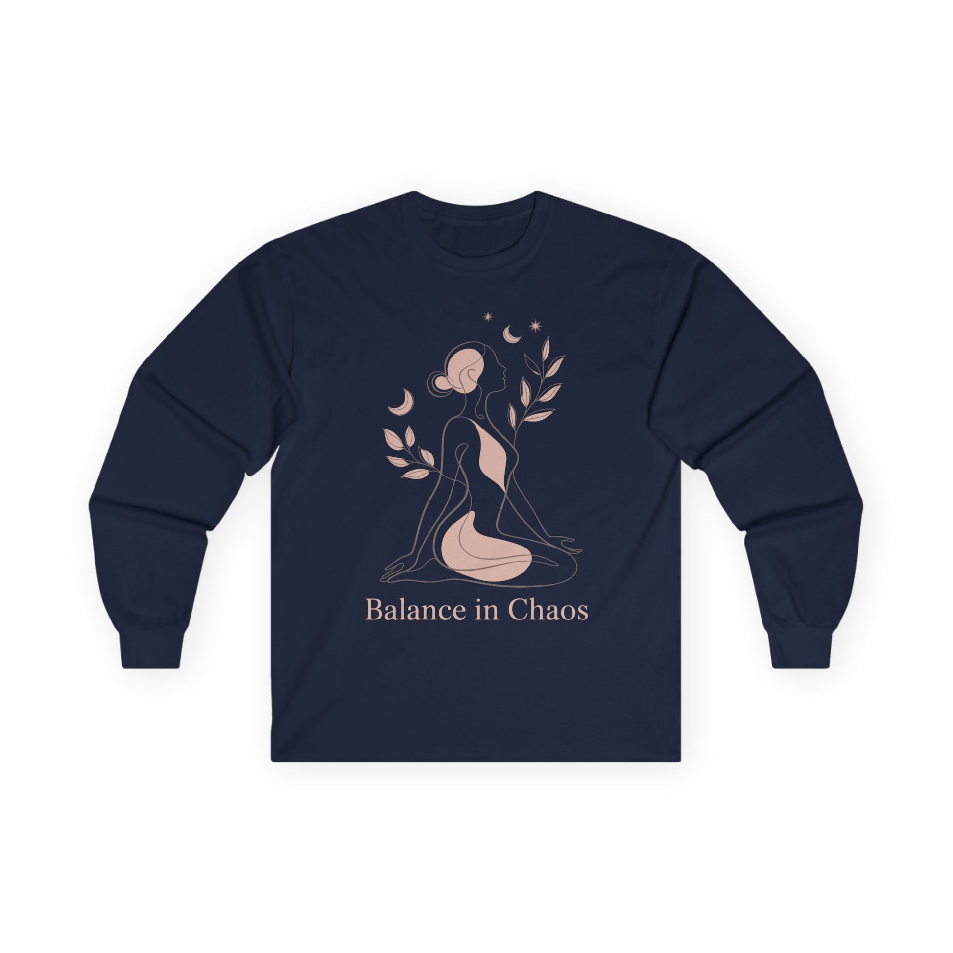 TEEZOCA balance in chaos feminine abstract artwork on unisex long-sleeve t-shirt Navy blue long-sleeve shirt with a graphic design and text 'Balance in Chaos' on a white background