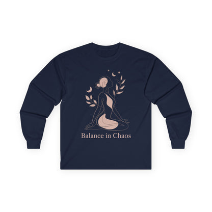 TEEZOCA balance in chaos feminine abstract artwork on unisex long-sleeve t-shirt Navy blue long-sleeve shirt with a graphic design and text 'Balance in Chaos' on a white background