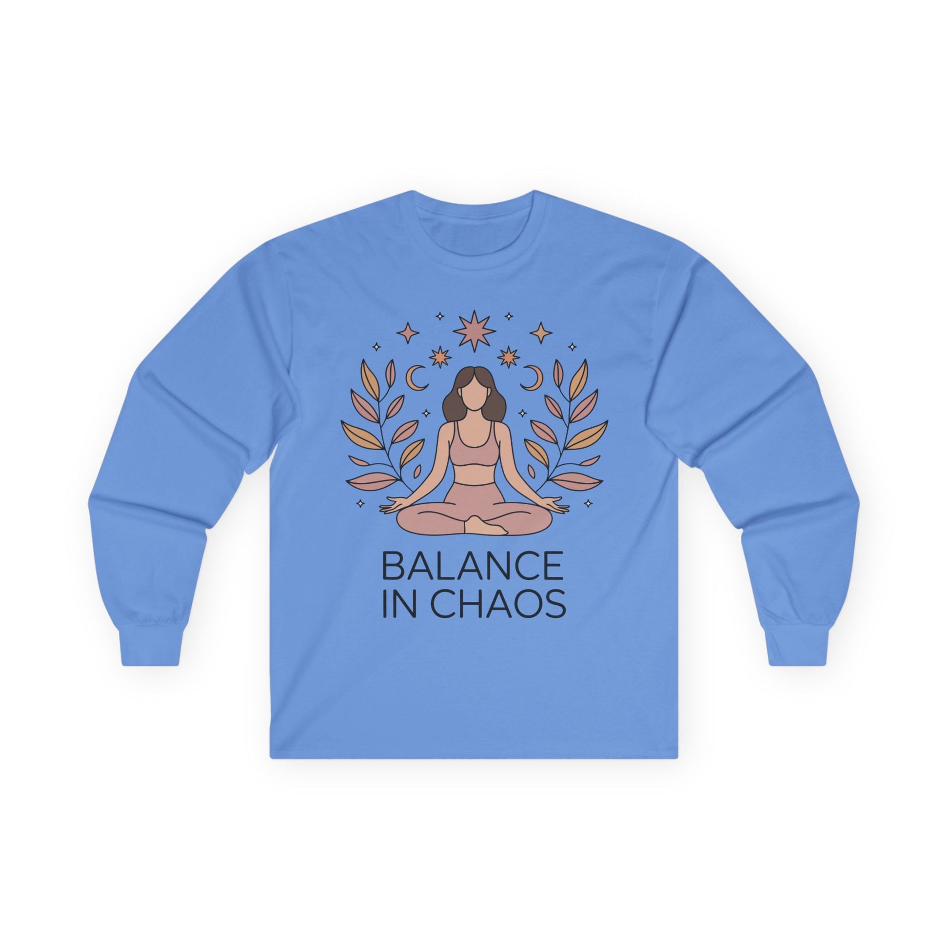 TEEZOCA balance in chaos meditative design printed on unisex long-sleeve t-shirt Blue long-sleeve shirt with a yoga-themed design and 'Balance in Chaos' text on a white background