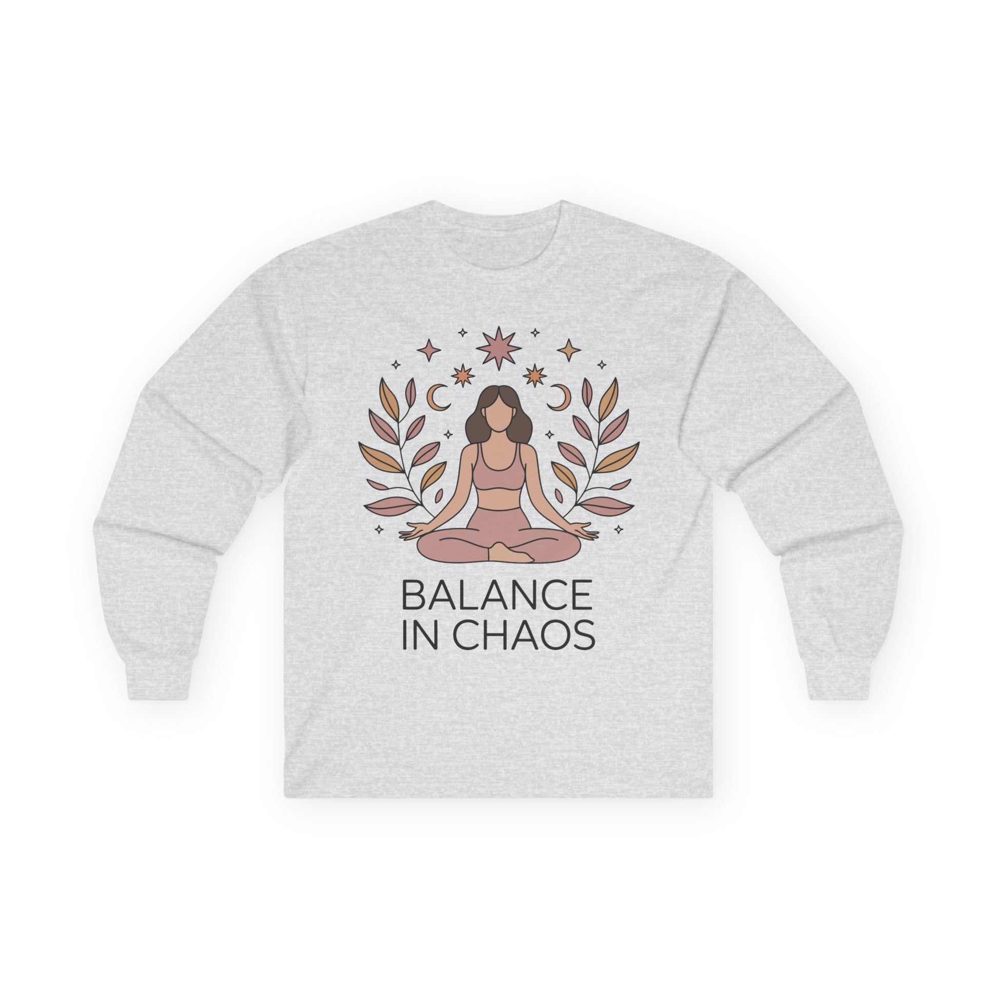 TEEZOCA balance in chaos meditative design printed on unisex long-sleeve t-shirt Gray sweatshirt with a graphic of a person in a meditative pose and 'Balance in Chaos' text on a white background