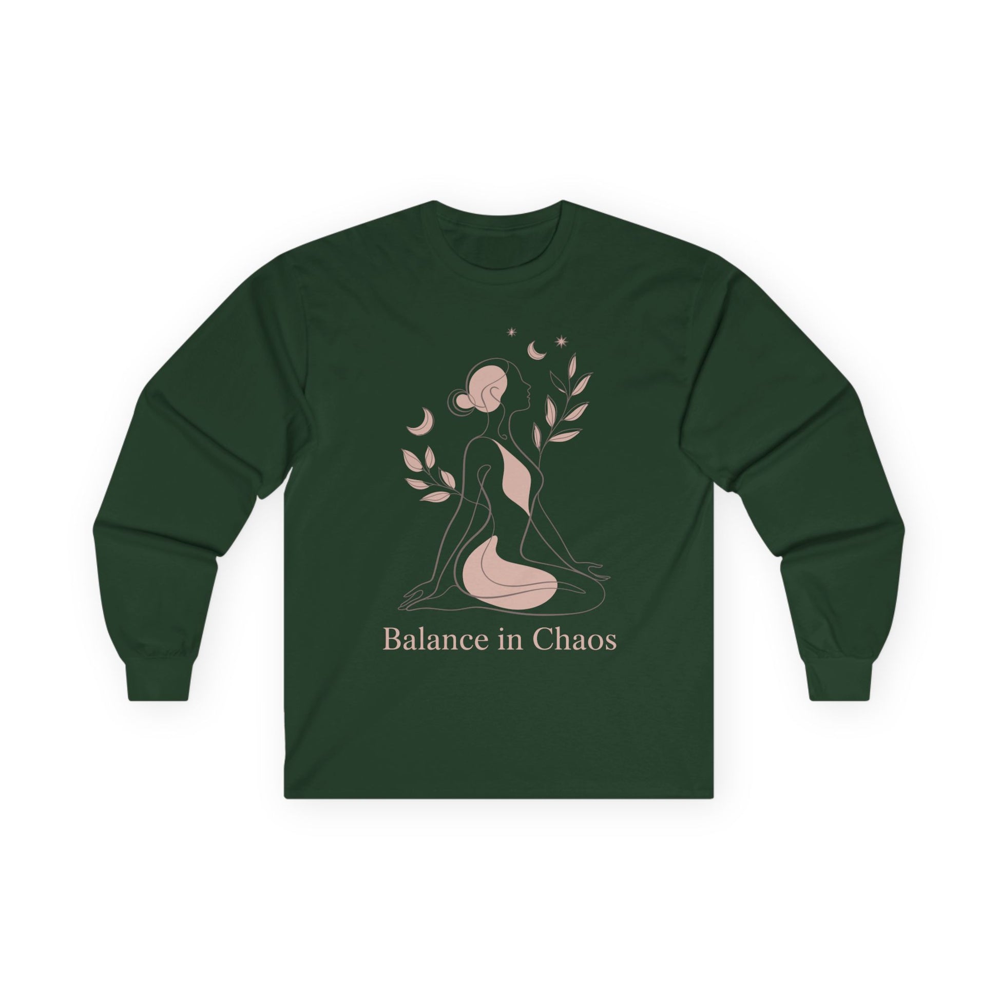 TEEZOCA balance in chaos minimalist illustration on unisex long-sleeve t-shirt Green long-sleeve shirt with a graphic of a woman and text 'Balance in Chaos' on a white background