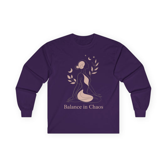 TEEZOCA balance in chaos minimalist illustration on unisex long-sleeve t-shirt Purple long-sleeve shirt with a graphic of a woman and text 'Balance in Chaos' on a white background