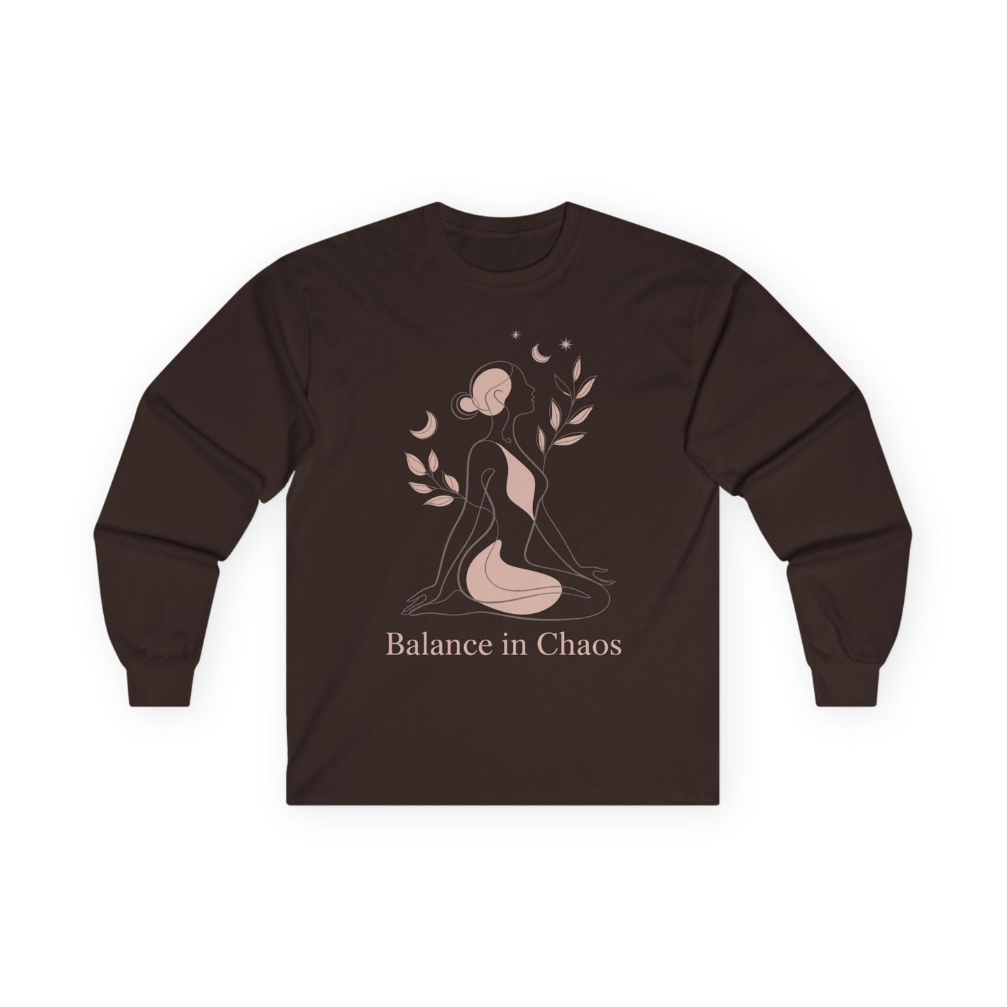 TEEZOCA balance in chaos modern spiritual art on unisex long-sleeve t-shirt Brown long-sleeve shirt with a graphic design and text 'Balance in Chaos' on a white background
